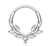 OUFER Septum Piercing Jewellery Leaf CZ Silver Daith Ring 16G Helix Earring Hoop 316l Stainless Steel Cartilage Earring Ring Septum Daith Helix Piercing Jewelry Clicker Hoop for Women 8mm