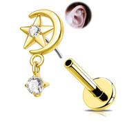 OUFER Titanium Helix Earring Stud 18G Tragus Conch Piercing Jewellery Moon&Star Lip Labret Stud Threadless Flat Back Cartilage Earrings Gold Forward Helix Nose Jewelry for Left Ear 6mm