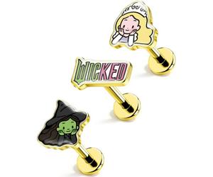 OUFER | Wicked 3Pcs Helix piercing jewelry 16G 8MM Cute Tragus Earring | Officially Licensed Wicked Flat Back Studs, Extended Internally Threaded, Lovely Glinda & Elphaba Design, 316L Surgical Steel