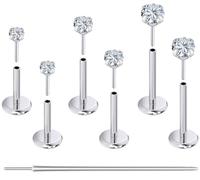 Oufksiyy 20G 18G 16G Flat Back Earrings Studs F136 Titanium Nose Ring Threadless Nose Stud Tragus Cartilage Lip Medusa Piercing Jewelry Hypoallergenic Taper Needles Cubic Zirconia 6mm 7mm 8mm, metal