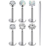 Oufksiyy 20G 18G 16G Internal Thread Flat Back Earrings Studs F136 Titanium Nose Ring Nose Stud Tragus Cartilage Lip Medusa Piercing Jewelry Hypoallergenic Taper Needles Cubic Zirconia 6mm 8mm 10mm
