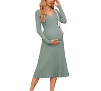 OUGES Maternity Jumper Dress for Women UK Long Winter Dresses Pleated Elegant Sweater Casual Knit Dress Fall-S Gray Green