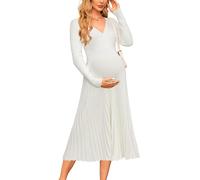 OUGES Maternity Jumper Dress for Women UK White Long Winter Dresses Pleated Elegant Sweater Casual Knit Dress-XL