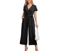 OUGES Summer Jumpsuits for Women UK Black Short Sleeve Casual Jersey Playsuit With Pockets, L