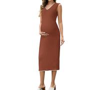 OUGES Summer Womens Midi Maternity Photoshoot Dress for UK V Neck Knit Sleeveless Breastfeeding Clothes for Baby Shower(Caramel,M)