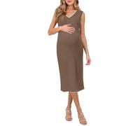 OUGES Summer Womens Midi Maternity Photoshoot Dress for UK V Neck Knit Sleeveless Breastfeeding Clothes for Baby Shower(Coffee,XXL)