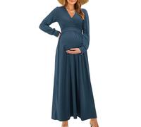 OUGES Women's 2025 Fashion Long Sleeve V Neck Maxi Dress with Pockets Maternity Clothes Nursing Dresses-M Gray Blue