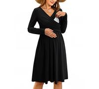 OUGES Womens 2025 Maternity Dress Midi Breastfeeding Dresses for Women UK V-Neck Nursing Baby Shower Clothes-XL Black