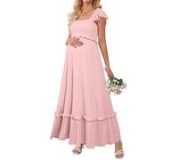 OUGES Womens 2025 Summer Maternity Baby Shower Dress Casual Boho Maxi Smocked Maternity Photoshoot Dresses Ruffle Sleeve Square Neck Gender Reveal Long Dress Pregnancy Must Have Clothes (Pink,L)