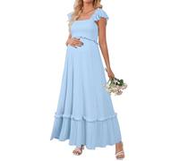 OUGES Womens 2025 Summer Maternity Baby Shower Dress Casual Boho Maxi Smocked Maternity Photoshoot Dresses Ruffle Sleeve Square Neck Gender Reveal Dress Pregnancy Must Have Clothes (Sky Blue,XL)