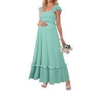 OUGES Womens 2025 Summer Maternity Maxi Dresses for Photoshoot Ruffle Sleeve Square Neck Wedding Guest Baby Shower Long Dress Flowy Pregnancy Must Have Maternity Clothes (Sage,XXL)
