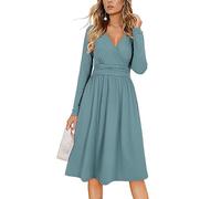 OUGES Women's Fall Long Sleeve V Neck Floral Short Party Dress with Pockets Winter Dress 2023(Blue,M)