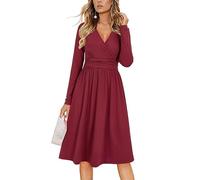 OUGES Women's Fall Long Sleeve V Neck Floral Short Party Dress with Pockets Winter Dress 2023(Wine,M)