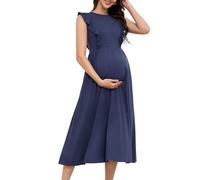 OUGES Womens Summer Maternity Nursing Dress Ruffled Zipper Empire Short Sleeveless Crew Neck A Line Midi Casual Dress for Breastfeeding Pregnancy Clothes (Navy Blue,M)