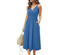 OUGES Women's Summer Spaghetti Strap V-Neck Blue Short Party Dress with Pockets(Gray Blue,S)
