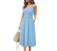 OUGES Women's Summer Spaghetti Strap V-Neck Solid Color Midi Party Dress with Pockets(Sky Blue,XXL)