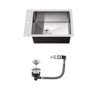 OUGOO Compact Kitchen Sink 35x50cm, Stainless Steel Single Bowl Sink for Kitchen, Bar, Campervan, Caravan & Utility Room, Topmount Drop in with Strainer & Overflow Kit, Brushed Silver