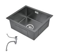 OUGOO Handmade 304 Stainless Steel Black Kitchen Sink, 50x45cm (Inner 45x40cm) Single Bowl Sink with Complete Drain Waste Kit (Trap Included), Under/Top/Flush-Mount, No Tap Deck, Gunmetal Black