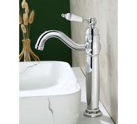 OUGOO Tall Basin Mixer Tap for Countertop Basin, High Rise Traditional Bathroom Sink Tap with Ceramic Lever Handle, Victorian Monobloc Vintage Faucet for Cloakroom, Solid Brass, Chrome