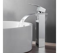 OUGOO Tall Waterfall Basin Mixer Tap, High Rise Mono Bathroom Sink Tap for Countertop Basins, Modern Single Lever Cloakroom Faucet, Solid Stainless Steel - Chrome Finish