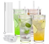 OUGPIU 600ML Ribbed Glass Tumblers with Lids and Glass Straws,Leakproof Glass Cups,Coffee Glasses,Iced Coffee Cup,Glass Tumbler for Iced Coffee,Cocktail,Tea,Smoothie,Drinking Glasses for Summer (4)