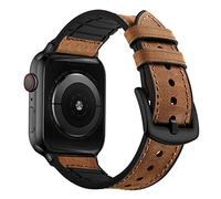 OUHENG Compatible with Apple Watch Band 45mm 44mm 42mm Sweatproof Genuine Leather and Rubber Hybrid Band Strap Compatible with iWatch Series 7 6 5 4 3 2 1 SE Brown Band with Black Adapter