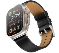 OUHENG Compatible with Apple Watch Ultra 2/Ultra Band, Genuine Leather Band Strap Compatible with Apple Watch Ultra 2/1, Black Band with Titanium Adapter, 49mm/45mm/44mm/42mm