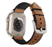 OUHENG Leather Bands Compatible with Apple Watch Band 49mm/46mm/45mm/44mm/42mm, Leather Rubber Hybrid Strap for iWatch Ultra 3/2/1 Series 11 10 9 8 7 6 5 4 3 2 1 SE 3/2/1, Brown/Titanium
