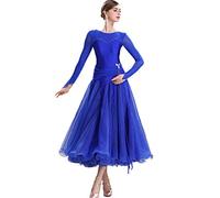OUHENYUAN Ballroom Dance Dresses for Women Waltz Party Practice Dress Long Sleeve Modern Tango Competition Dancewear,blue,3XL