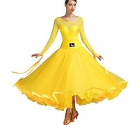 OUHENYUAN Women's Ballroom Dance Dresses Mesh Long Sleeve Modern Performance Costume Waltz Tango Competition Dress,yellow,L