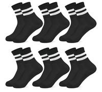 ouhos 6 Pairs Boys Girls School Socks Age 6-12, White/Black Cotton Rich Striped Crew Athletic Socks, Breathable Thin Non-Cushioned Training Socks, Lightweight Pack