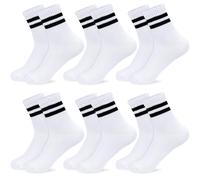 ouhos 6 Pairs Boys Girls School Socks Age 6-12, White/Black Cotton Rich Striped Crew Athletic Socks, Breathable Thin Non-Cushioned Training Socks, Lightweight Pack