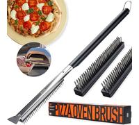 OUII 26'' Pizza Oven Brush with Stone Scraper - Includes 3 Brush Heads, Heat-Resistant Silver Stainless Steel Bristles - Long Grip Handle, Compatible with Ooni, Gozney, Blackstone, Solo Stove Ovens