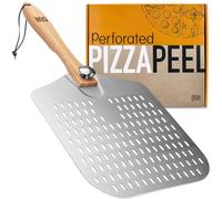 OUII Perforated Pizza Peel 12 x 14 Inch. - Aluminum Metal Pizza Spatula Paddle for Grill with Foldable Wood Handle. Pizza Oven Accessories and Tools. Pizza Turning Peel, Bread, Pastry, Dough, Cake.