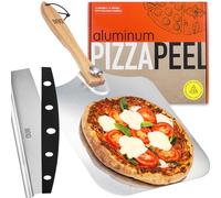OUII Pizza Peel with Cutter - 12 x 14-inch Metal Turning Peel, 14'' Pizza Cutter with Blade Cover - Premium Pizza Spatula Paddle, Pizza Oven Accessories Compatible with Ooni, Blackstone, Gozney