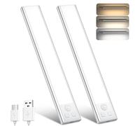 OUILA Under Cabinet Kitchen Lights, 3 Color Dimmable 32 LED Motion Sensor Lights Indoor, 1000mAh USB-C Rechargeable LED Lights for Cupboard, Kitchen (3 Color Temperature, 20.5cm - 2 Pack)