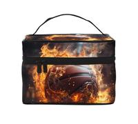 OUInbvv Basketball on Fire and Water Flame Splashing Travel Cosmetic Bag with Multi-Pocket Organizerï¼ŒLarge Capacity Polyester Twill Case for Gym, Camping, and Business Trips