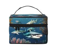 OUInbvv Sharks under the sea Travel Cosmetic Bag with Multi-Pocket Organizer,Large Capacity Polyester Twill Case for Gym, Camping, and Business Trips