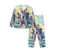 OUInbvv Women's Long Sleeves Pajama Set â€“ Full Fairytale Castle Print Design Sleepwear for Autumn Winter Home, Black, M
