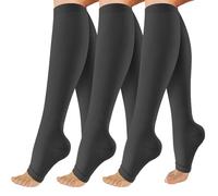 OUIVIAL 3 Pack Copper Compression Socks for Women & Men, 20-30mmHg Open Toe Knee High Support Socks for Varicose Vein,Running, A01 - Black, XXL