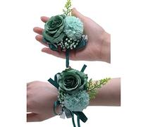 OUKEYI 2PCS Rose Flower Wrist Corsage Boutonniere Set,Boutonniere for Men Wedding White Rose Corsage Wristlet for Women Bride Bridesmaid Wrist Corsagefor Wedding Party Prom Decorations (Dark Green)