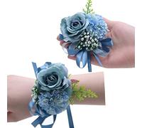 OUKEYI 2PCS Rose Flower Wrist Corsage Boutonniere Set,Boutonniere for Men Wedding White Rose Corsage Wristlet for Women Bride Bridesmaid Wrist Corsagefor Wedding Party Prom Decorations (Dark Blue)