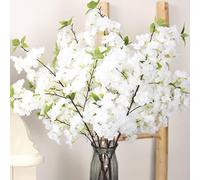 OUKEYI 39''/100cm Artificial Flowers Cherry Blossom Branches Fake Flowers,3Pcs Cherry Blossom Decor, Tall Fake Cherry Blossom Arrangements for Wedding Office Party Table Home Decor (White)