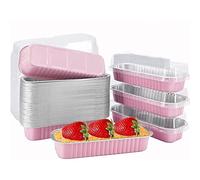 OUKEYI 50 Pack Disposable Baking Tins Foil Pans with Lids, 6.8 oz 6.5"x2.5"x1.2" Aluminum Baking Pans with Lids Mini Cake Pans,Rectangle Muffin Tins Mini Brownie Loaf Baking Pans Containers (Pink)