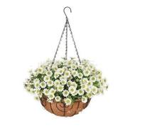 OUKEYI Artificial Hanging Flowers in Basket, Artificial Daisy Flowers,Coconut Lining Planter with Morning Glories Plants Patio Garden Porch Deck Spring Decor Purple