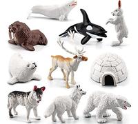 OUKEYI Mini Arctic Animals Figurines Set Age 3+, 10pcs Mini Animals Toy, Realistic Plastic Reindeer White Whale Polar Bear Arctic Fox Wolf Figure Toy for Toddlers, Kids Birthday Gift