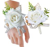 OUKEYI Rose Flower Wrist Corsage Boutonniere Set, Handmade Artificial Corsage Set, Bride Hand Flower Wristlet Band Bracelet and Men Boutonniere for Wedding Party Prom Decorations2PCS (White)