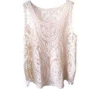 OUKIN Vintage Women's Lace Floral Sleeveless Crochet Knit Vest Tank Top Shirt Blouse Beige