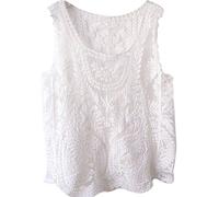OUKIN Vintage Women's Lace Floral Sleeveless Crochet Knit Vest Tank Top Shirt Blouse White