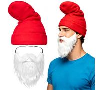 Oukitoymer Red Elf Hat and Beard Costume, Soft Warm Elastic Papa Elf Dwarf Beanie Hat for Halloween Costume Cartoon Cosplay